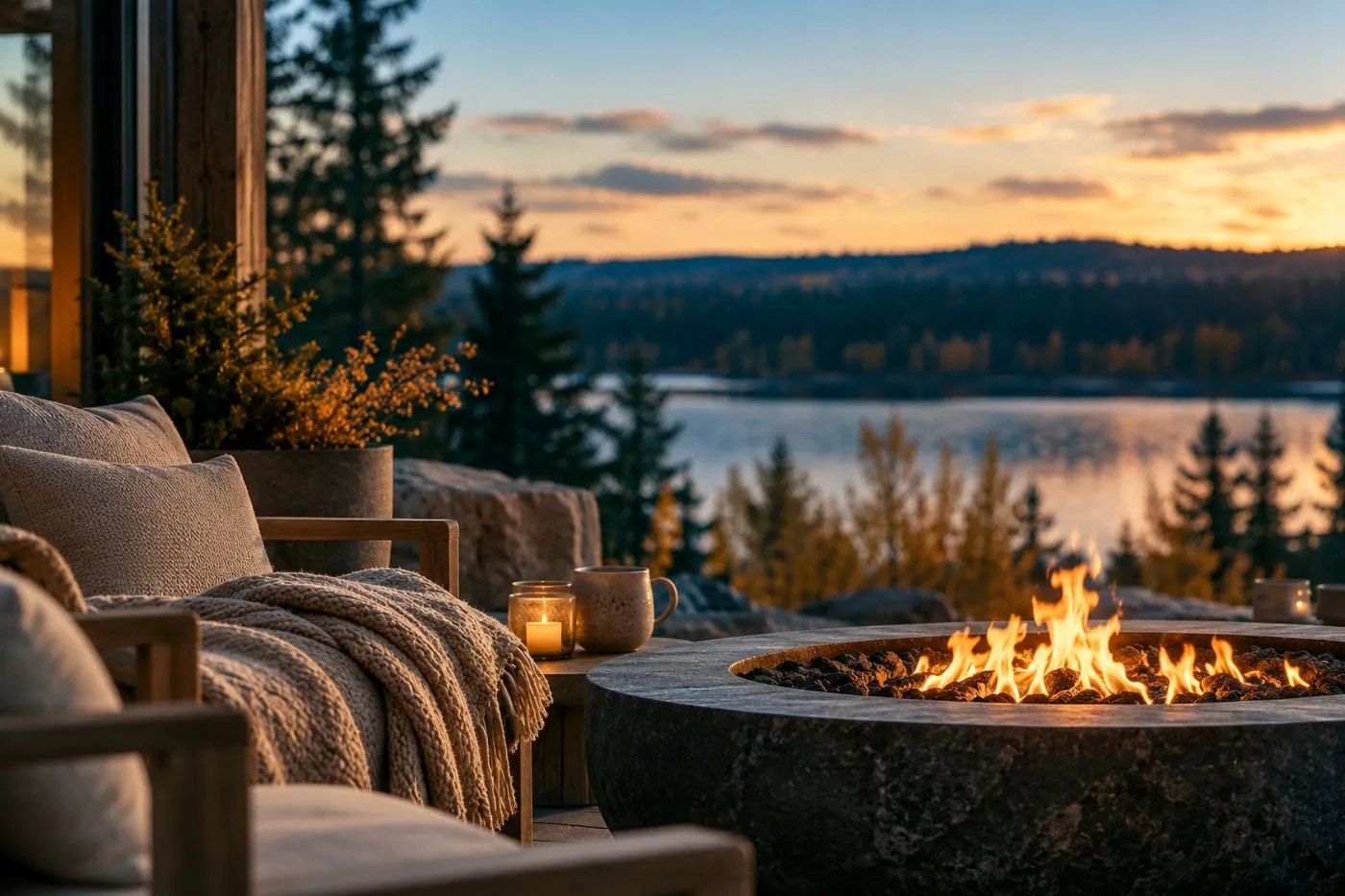 A fire pit and blanket-draped chairs overlooking a lake at sunset