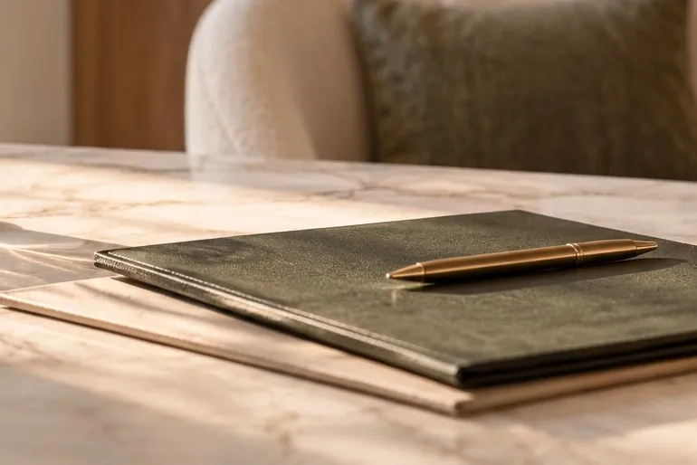 Leather notebook and pen on a marble consultation table